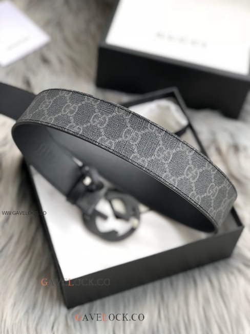 Gucci Black Leather Belt PVC Monogram Interlocking G Buckle